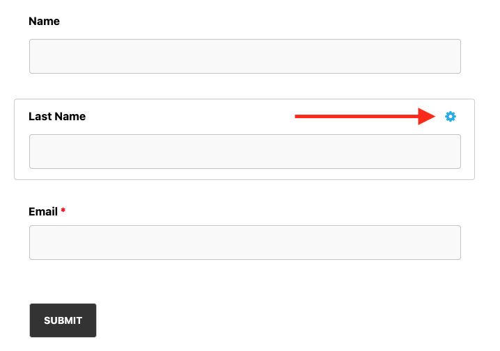image demonstrating hovering over a field with the input device. A gear icon has appeared in the upper right hand corner of the field in the builder.